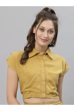 KASSUALLY Women Mustard Yellow Regular Fit Solid Crop Casual Shirt
