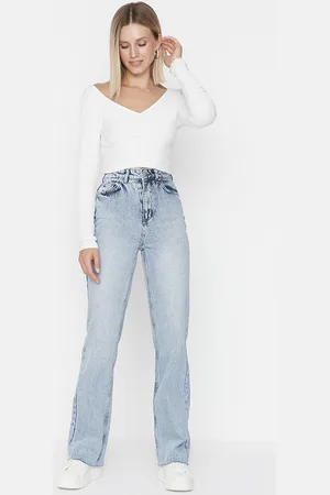 Trendyol Women Blue Boyfriend Fit Heavy Fade Pure Cotton Jeans