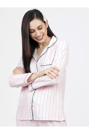 Tokyo Talkies Women Pink & Green Striped Sleep Shirt