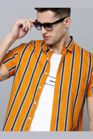 Flying Machine Men Mustard Yellow & Blue Slim Fit Striped Pure Cotton Casual Shirt