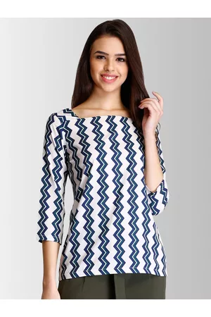 FableStreet Women White & Blue Printed Top
