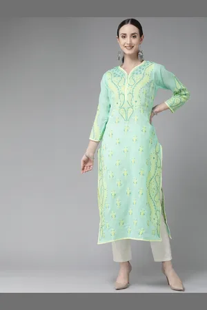 ADAM Co. Women Sea Green & Yellow Ethnic Motifs Embroidered Chikankari Kurta