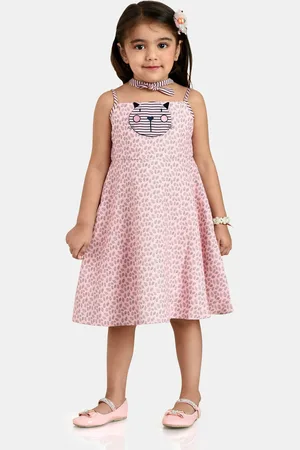 Peppermint Girls Pink & Grey Floral Printed Satin A-Line Dress