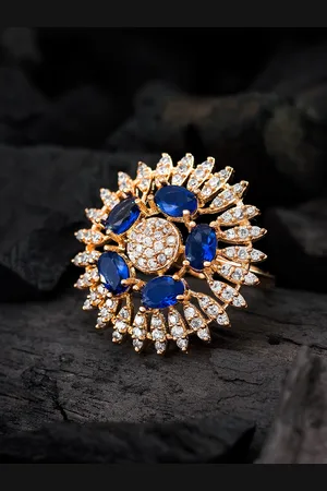 Aadita Gold-Plated Rose-Gold Toned White & Blue AD-Studded Adjustable Finger Ring