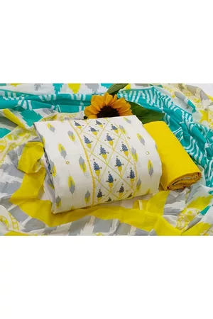 SALWAR STUDIO White & Yellow Printed Pure Cotton Unstitched Dress Material