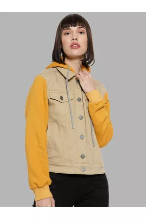 Campus Women Brown Mustard Colourblocked Windcheater Outdoor Denim Jacket