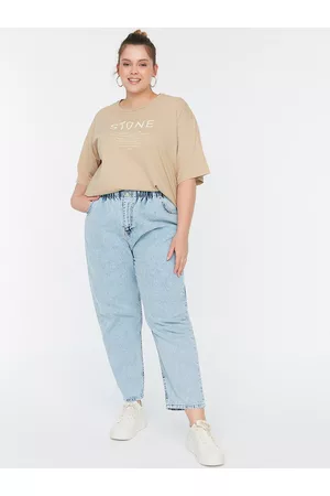 Trendyol Women Blue Boyfriend Fit Low Distress Pure Cotton Jeans