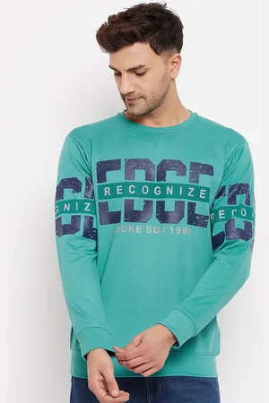 Duke Men Turquoise Blue Printed Fleece Sweatshirt