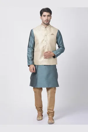 Vastramay Men Blue Kurta with Churidar & Nehru Jacket
