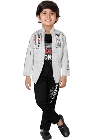 DKGF FASHION Boys Grey & Black Printed Shirt with Trousers