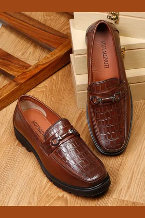 MUTAQINOTI Men Brown Textured Formal Slip On Shoes