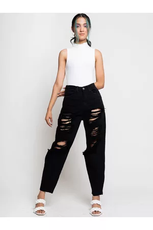 FREAKINS Women Black Relaxed Fit High-Rise Highly Distressed Cotton Jeans