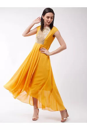 Miss Chase Mustard Yellow & Gold-Toned Embellished Georgette Fit & Flare Dress