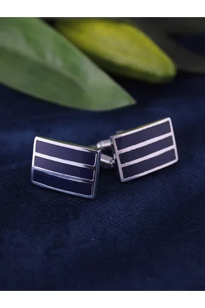 Kavove Men Silver-Toned & Blue Rectangle Shape Cufflink