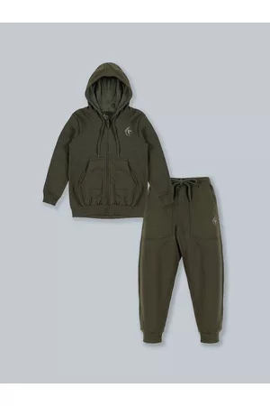 KiddoPanti Kids Green Solid Hooded Tracksuit