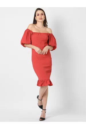 Campus Women Orange Off-Shoulder Crepe Sheath Dress