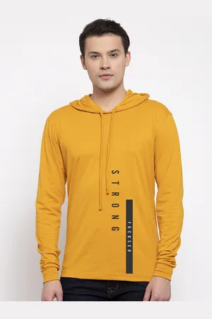Friskers Men Mustard Yellow Printed Hood T-shirt