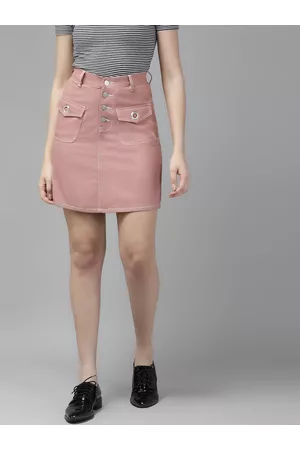 KASSUALLY Women Dusty Pink Solid Pure Cotton Skirt