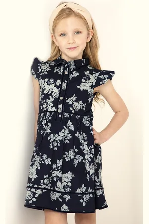 Cherry Crumble Girls Navy Blue & Grey Floral Printed A-Line Dress