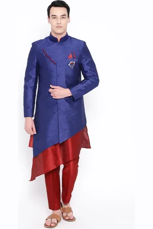 SG Men Blue & Red Woven Design Sherwani Set With Anchkan