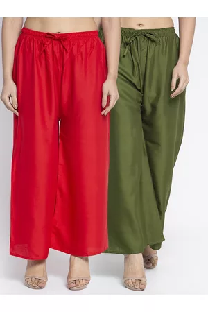 Jinfo Women Set of 2 Red & Green Flared Knitted Palazzos