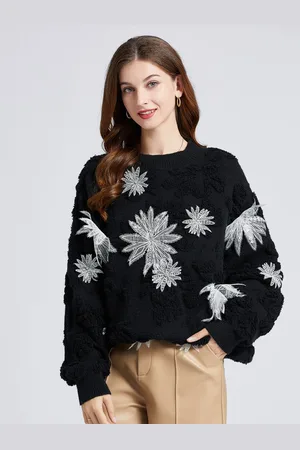 JC Collection Women Black & White Floral Longline Pullover with Applique Detail