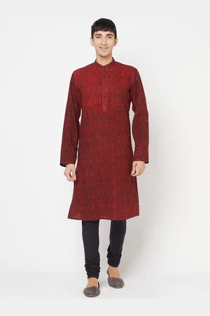 Fabindia Men Red & Black Geometric Printed Cotton Kurta