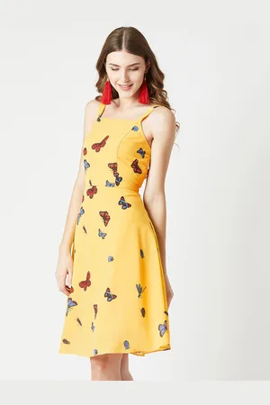 Miss Chase Women Yellow Butterfly Printed Fit and Flare Dress