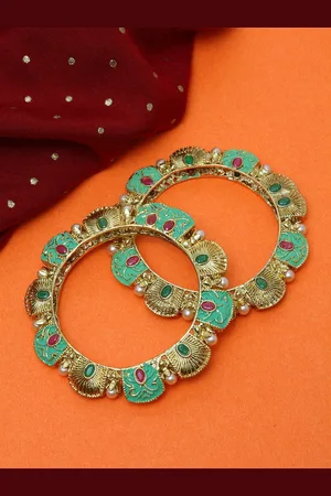 Shining Diva Set Of 2 Gold-Plated Green & Red Stone-Studded Meenakari Bangles