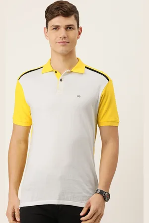 Peter England Men White & Yellow Colourblocked Polo Collar Pure Cotton Snug Fit T-shirt