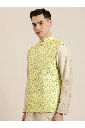 SOJANYA Men Lime Green & Golden Chikankari Embroidered Nehru Jacket
