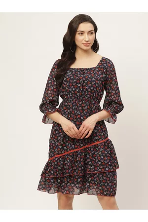 Antheaa Women Black & Blue Floral Printed A-Line Dress