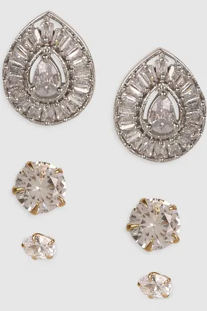 JEWELS GEHNA Set of 3 Silver-Toned Gold-Plated CZ Studded Contemporary Studs Earrings