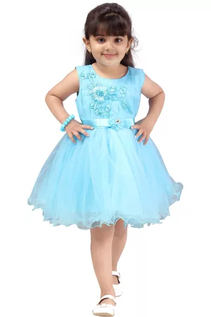 Aarika Girls Turquoise Blue Embellished Net Dress