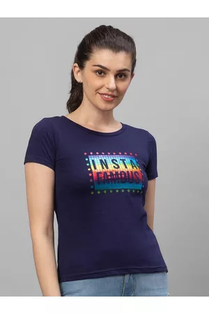 Globus Women Navy Blue Typography Printed Cotton T-shirt