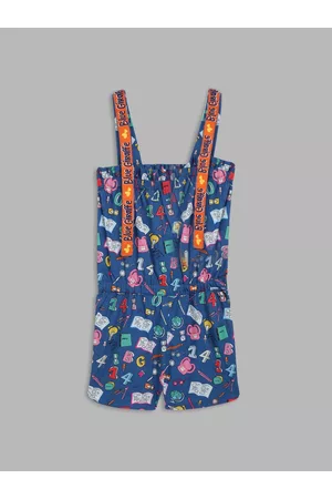 Blue Giraffe Girls Navy Blue & Orange Printed Pure Cotton Playsuit
