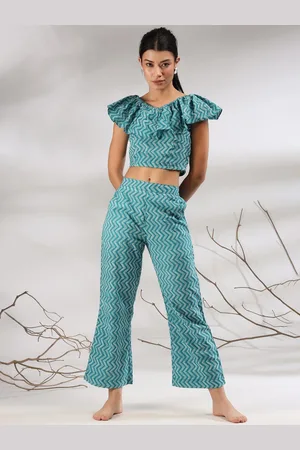 JISORA Women Blue Printed Crop Top & Trouser Co-Ord Set