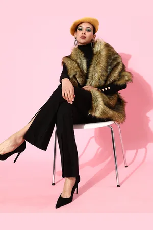 InWeave Women Beige & Dark Brown Solid Acrylic Faux Fur Cape Shawl