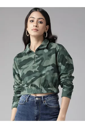 KASSUALLY Women Olive Green Camouflage Print Crop Sweatshirt