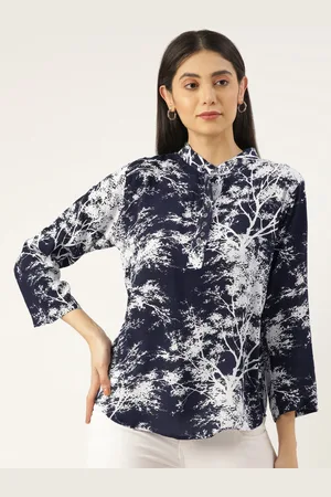 Rachna Navy Blue & White Floral Printed Mandarin Collar Top