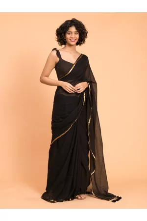 Suta Black & Gold-Toned Zari Pure Cotton Solid Saree
