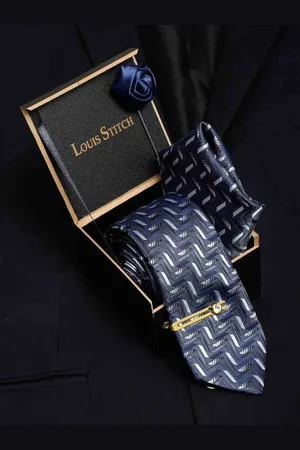 LOUIS STITCH Men Shadow Grey Italian Silk Necktie Accessory Gift Set
