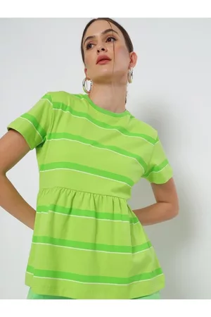 Bewakoof Women Lime Green Pure Cotton Striped Top