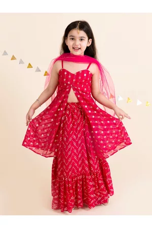 pspeaches Girls Magenta & Gold-Toned Embellished Sequinned Ready to Wear Lehenga Choli