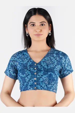 Llajja Women Blue & White Printed Non-Padded Cotton Sustainable Saree Blouse
