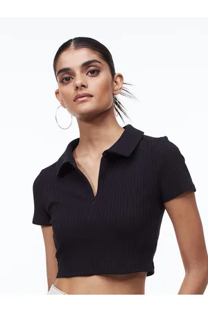 H&M Women Black Zip-Top Cropped Top