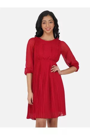 Antheaa Girls Red Self-Design Chiffon Pleated Frill Fit & Flare Dress
