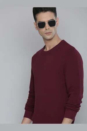 Flying Machine Men Burgundy Solid Pure Cotton Knitted Pullover