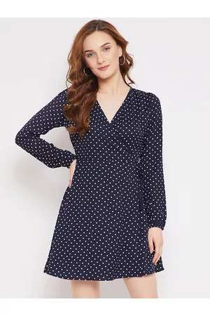 Berrylush Women Navy Blue Polka Dots Printed Crepe Wrap Dress