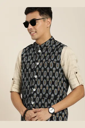 Taavi Men Black & White Handblock Ethnic Motifs Printed Sleeveless Nehru Jacket
